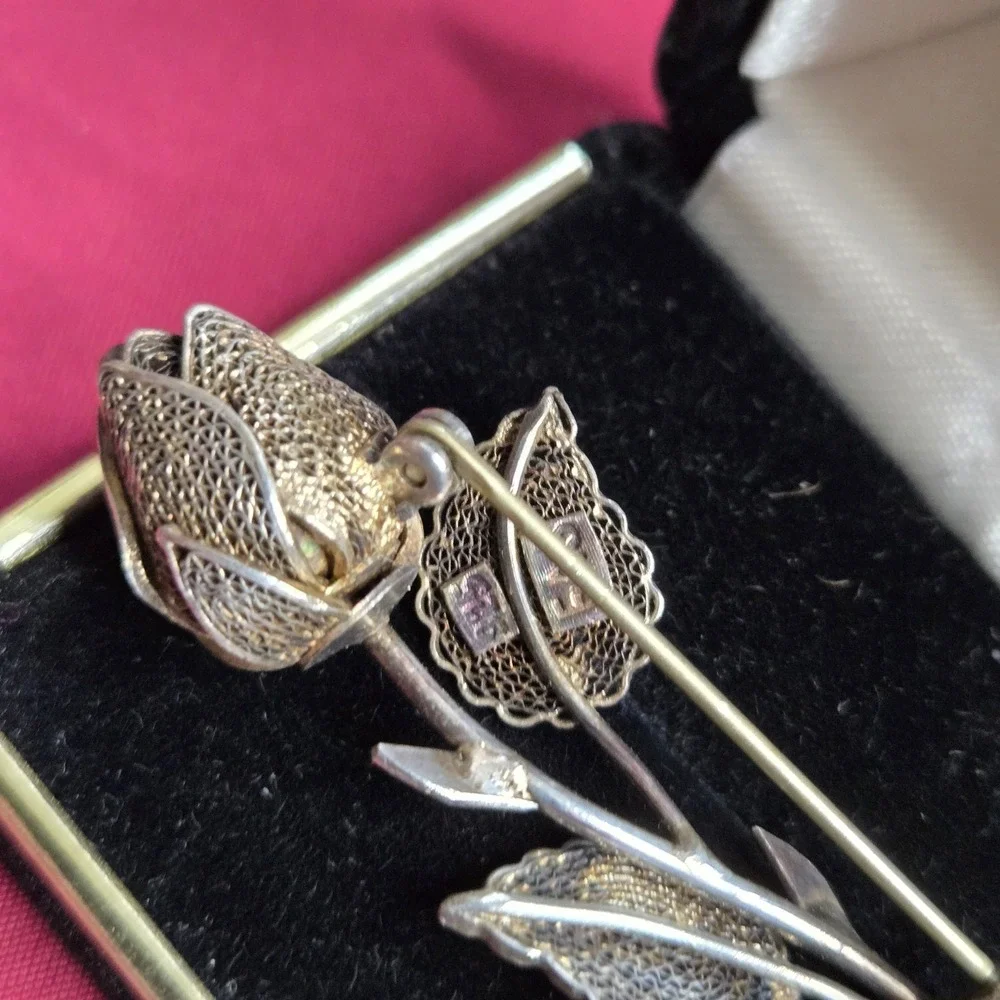Vintage FAS 925 Sterling Silver Filigree Rose Brooch Pin 2.5